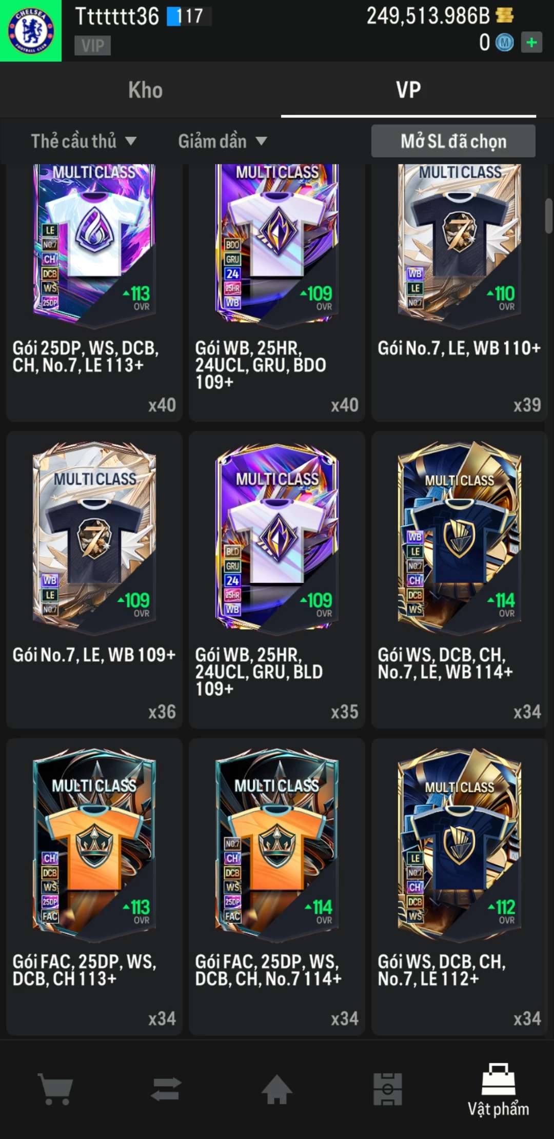 Ảnh ACC mở thẻ (LOẠI SVIP PROMAX) bao gồm có 02 thẻ +12, 04 thẻ PRIME (QH+, CP+, XS+, HĐ+) và hơn 1600+ thẻ cầu thủ từ Siêu sao đến Miền núi các loại. Acc có sẵn BP trắng từ 230.000 tỷ BP đến 250.000 tỷ BP kèm theo nhiều ngày SVIP